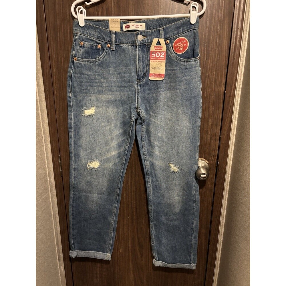 Levis 502 Regular Taper Distressed Womens Blue Jeans Medium Wash 29x29 NWT